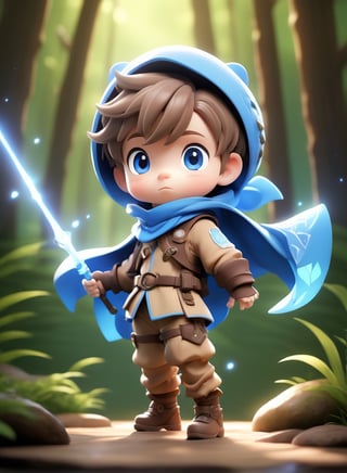 1boy, solo, chibi, full body, looking at the audience, blue eyes, short hair, brown hair, ranger suit, magic bow, forest creek background,