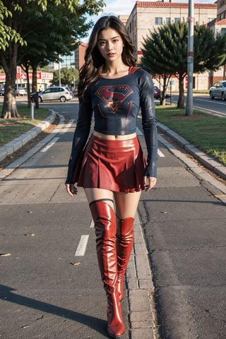 1girl, long black hair,straight hair,supergirl,wearing Supergirl's blue tight uniform,perfect,red Boots higher than knees，Red miniskirt，Red cape，full body，Bright colors，Bright red Boots, red miniskirt，Huge chest,Boots over the knee，Walking in the middle of the road，Clothes are tied to skirts，Red miniskirt
