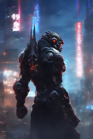 Monkey king Lunar Staff cyborg Power Nightcity Cyber Black Hood Mecha Evil robot,background,night city ,background,night city