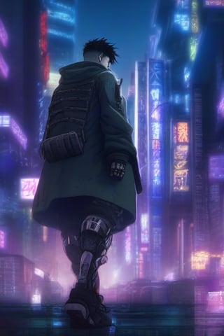 anime men busterarm cyborgarm hacker cyberpunk night city,background,night city