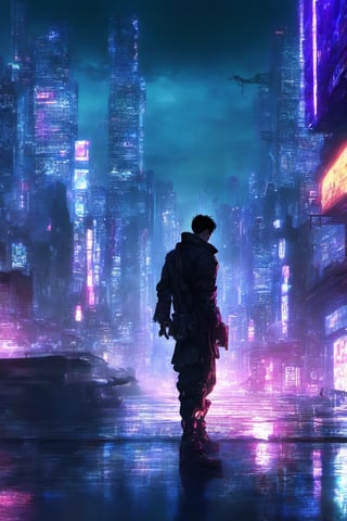 anime men busterarm cyborgarm hacker cyberpunk night city,background,night city