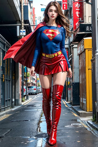 1girl, long black hair,supergirl,wearing Supergirl's blue tight uniform,perfect,red Boots higher than knees,Red miniskirt,Red long cape,full body,Bright colors,Bright red Boots, red miniskirt,Huge chest,Boots over the knee,Clothes are tied to skirts,Red miniskirt,Female model posen,Red over-the-knee pointed high-heeled boots,full body,running in the middle of the road,full body,tall girl,long boots,Red long cape,Boots longer than legs,Chinese supergirl,18years old,Don't show belly,Extremely long tip boots,red skirt,full body,supergirl's tight suit,Don't show knees,Knees wrapped in boots,strong girl,Pointy high-heeled boots,thin high heels,Uniforms and skirts are connectedUniforms and skirts are connected,Don't show your stomach,red skirt,full body,Extra long red boots,Golden Supergirl Belt,One-piece tight uniform
,Show the outline of the muscles,Red miniskirt and long cape,Boots must be over the knee,Integrated coats,Golden Supergirl Belt,Red miniskirt,Full of muscles,Tall and strong,Sexy,Full of muscle beauty,red dress,The skirt must be red.