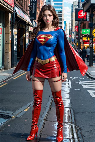 1girl, long black hair,supergirl,wearing Supergirl's blue tight uniform,perfect,red Boots higher than knees,Red miniskirt,Red long cape,full body,Bright colors,Bright red Boots, red miniskirt,Huge chest,Boots over the knee,Clothes are tied to skirts,Red miniskirt,Female model posen,Red over-the-knee pointed high-heeled boots,full body,running in the middle of the road,full body,tall girl,long boots,Red long cape,Boots longer than legs,Chinese supergirl,18years old,Don't show belly,Extremely long tip boots,red skirt,full body,supergirl's tight suit,Don't show knees,Knees wrapped in boots,strong girl,Pointy high-heeled boots,thin high heels,Uniforms and skirts are connectedUniforms and skirts are connected,Don't show your stomach,red skirt,full body,Extra long red boots,Golden Supergirl Belt,One-piece tight uniform
,Show the outline of the muscles,Red miniskirt and long cape,Boots must be over the knee,Integrated coats,Golden Supergirl Belt,Red miniskirt,Full of muscles,Tall and strong,Sexy,Full of muscle beauty,red dress,The skirt must be red.