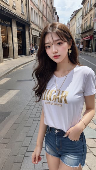 16 year old Korean woman, smiling, long brown hairstyle, simple and fashionable colorful T-shirt and shorts, blue jeans and sneakers, white sneakers, walking looking at the cityscape of Colmar, France, background, earrings , necklace, 150 cm, (Luanmei)