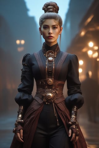 Features a live-action movie character in the style of "Jujutsu Kaisen", Full body, steampunk theme, Victorian era, centered, a young woman, ponytail hair, steampunk dress and accessories, dynamic free pose, vibrant color ,masterpiece artwork, 32k, dslr, uhd, professional photography, best quality, cinematic angle, realistic lighting,Cyberpunk geisha,mad-cyberspace,xxmix_girl