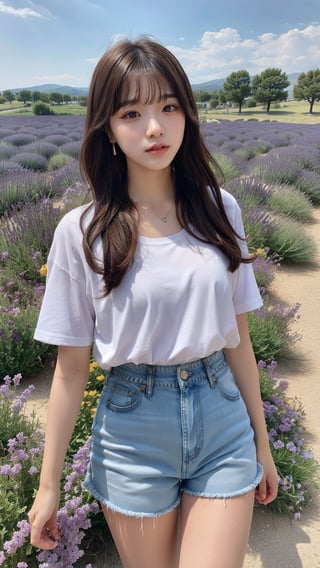 16 year old Korean woman, smiling, long brown hairstyle, simple and fashionable colorful T-shirt and shorts, blue jeans and sneakers, white sneakers, walking in a lavender field in Provence, France, background, earrings , necklace, 150 cm, (Luanmei)