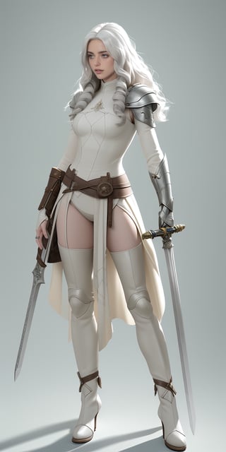 photorealistic, (hyperrealistic:1.8),tall and slender figure, beautiful, masterpiece, best quality, perfect lighting, , derpd, 1girl, ground, weapon, sword, long curly hair, armor, fingerless gloves, cape, weapon on back, face, bag, sheathed, white hair, light blue eyes,very long hair,standing, scabbard, ripped clothes, cowboy shot, detailed hands and fingers, power hand , style Dishonored , style Emily Kaldwin , tattoo forearm , brunette , angry ,better_hands,portrait