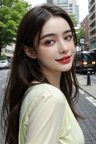 1girl, solo, long hair, looking at viewer, smile, black hair, brown eyes, upper body, black eyes, lips,  v, realistic, red lips, Standing, Wearing an autumn cotton dress, standing on a street with yellow fallen leaves, with passers-by in the distance, dynamic angle, wind flowing, messy hair, beaming face, beautiful, sks woman