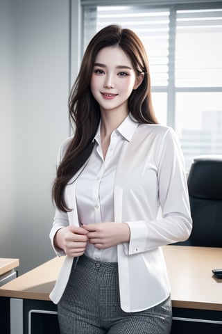 (masterpiece), top quality, 8K,best quality,ultra-realistic,high resolution, high definition, extremely detailed, smooth skin,detailed skin,detailed face,pale skin,1girl,office,cowboy_shot,suit,(shirt),smile