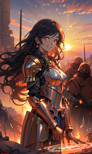 woman, sadiyaa, beauty , smiling  , ,warrior , armour ,, magic circle in background  ruined  battle  , sunset ,horizon apocalyptic ,,fantasy , masterpiece , sharp eyes, detailed,highres, realistic, jewelry,anime ,detailed 2k, masterpiece