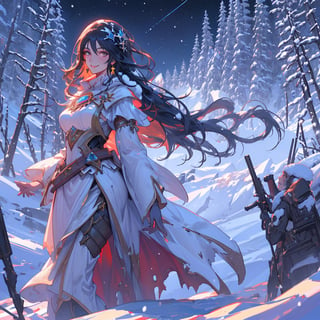 woman, beauty , smiling ,sorceress casting .divine magic , snow background , ruined  battlefield , night sky ,destroyed mountain ,apocalyptic ,,fantasy , masterpiece , sharp eyes, detailed,highres, realistic, jewelry,anime ,detailed 2k, masterpiece