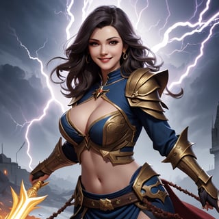 woman ,praff,detailed face, beautiful, sorceress gauntlets ,mage ,lightening ,cleavage, busty ,  ,sexy navel , smiling for picture, battlefield ,  ,masterpiece, highres,detailed, 4k, ,Masterpiece,