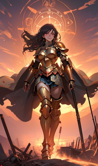 woman, beauty , smiling  , ,warrior , armour ,, magic circle in background , ruined  battlefield , sunset ,detroyed moutain ,apocalyptic ,,fantasy , masterpiece , sharp eyes, detailed,highres, realistic, jewelry,anime ,detailed 2k, masterpiece