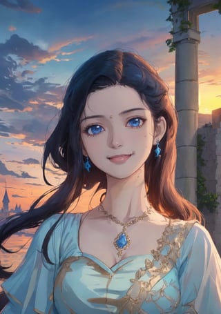 woman, beauty , smiling , .divine magic ,blue elegant outfit dancer ,,   castle, sunset, ,,fantasy , masterpiece , sharp eyes, detailed,highres, realistic, jewelry,anime ,detailed face , 8k, masterpiece,anime