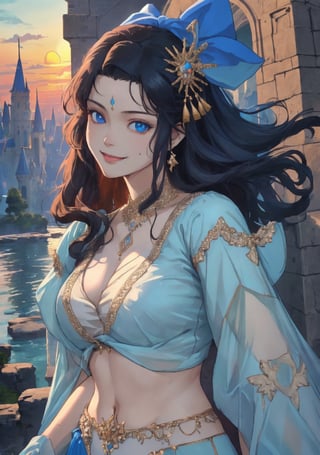 woman, beauty , smiling , .divine magic ,blue elegant outfit dancer ,,   castle, sunset, ,,fantasy , masterpiece , sharp eyes, detailed,highres, realistic, jewelry,anime ,detailed face , 8k, masterpiece,anime