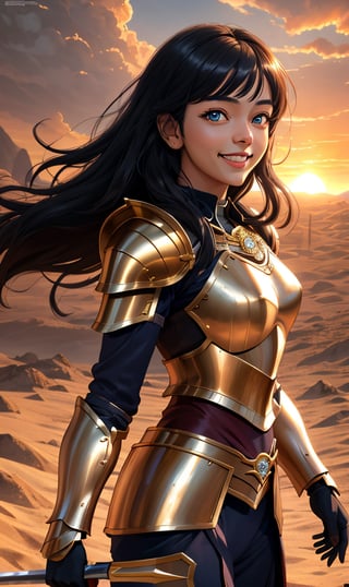 woman, sadiyaa, beauty , smiling  , ,warrior , armour ,, magic circle in background  ruined  battle  , sunset ,horizon apocalyptic ,,fantasy , masterpiece , sharp eyes, detailed,highres, realistic, jewelry,anime ,detailed 2k, masterpiece