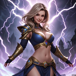 woman ,praff,detailed face, beautiful, sorceress gauntlets ,mage ,lightening ,cleavage, busty ,  ,sexy navel , smiling for picture, battlefield ,  ,masterpiece, highres,detailed, 4k, ,Masterpiece,