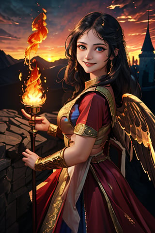  woman,,beautiful face ,smiling , valkyerie ,2 piece dress ,beauty, sunset , castle, magic ,lighting, fire ,picture ,fantasy cinematic .masterpiece ,high res,