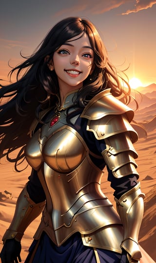 woman, sadiyaa, beauty , smiling  , ,warrior , armour ,, magic circle in background  ruined  battle  , sunset ,horizon apocalyptic ,,fantasy , masterpiece , sharp eyes, detailed,highres, realistic, jewelry,anime ,detailed 2k, masterpiece