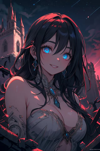 In a ravaged apocalyptic landscape, a stunning blue sorceress stands amidst the ruins of a once-majestic castle, bathed in the soft glow of the night sky. Her divine magic radiates from her sharp, piercing eyes as she smiles serenely, adorned with intricate jewelry and boasting a face so detailed it seems almost lifelike. The ruined castle's crumbling walls serve as a haunting backdrop for this 8K masterpiece, rendered in breathtaking high-resolution detail.