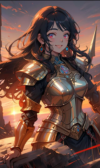 woman, sadiyaa, beauty , smiling  , ,warrior , armour ,, magic circle in background  ruined  battle  , sunset ,horizon apocalyptic ,,fantasy , masterpiece , sharp eyes, detailed,highres, realistic, jewelry,anime ,detailed 2k, masterpiece