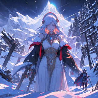 woman, beauty , smiling ,sorceress casting .divine magic , snow background , ruined  battlefield , night sky ,destroyed mountain ,apocalyptic ,,fantasy , masterpiece , sharp eyes, detailed,highres, realistic, jewelry,anime ,detailed 2k, masterpiece