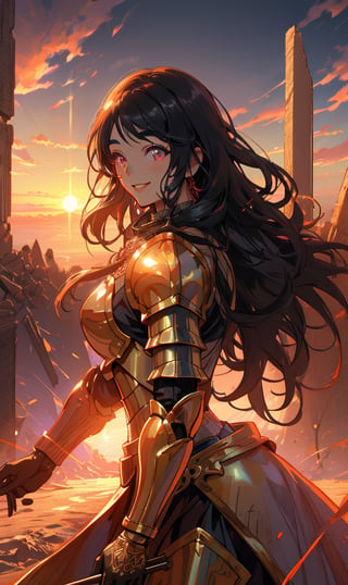 woman, sadiyaa, beauty , smiling  , ,warrior , armour ,, magic circle in background  ruined  battle  , sunset ,horizon apocalyptic ,,fantasy , masterpiece , sharp eyes, detailed,highres, realistic, jewelry,anime ,detailed 2k, masterpiece