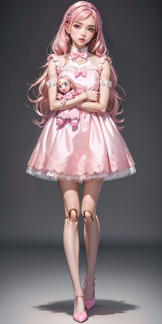 Masterpiece, highest resolution,1 girl, 18 year old ((wearing a pink doll dress: 1.5)), royal clothing: 1.1, ((pink hair)), bow tie in the neck: 1.3, full body view: 1.3, front view, ((doll shoes)),   delicate face: 1.4, ((holding a rag doll)),Realistic