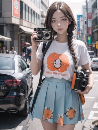 korean woman, long light brown hair, smilling:1.4, ((holding an old camera)), ((face behind her camera, as taking a picture of the viewer)), ,  wearing a white braid skirt, orange t-shirt with a print on it, medium shot, tokyo street background, blurry background, sunny day, highest quality, ((photo-realistic))