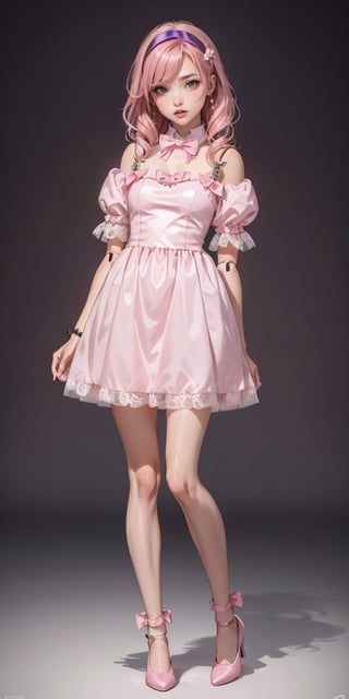 Masterpiece, highest resolution,1 girl, 18 year old ((wearing a pink doll dress: 1.5)), royal clothing: 1.1, ((pink hair)), bow tie in the neck: 1.3, full body view: 1.3, front view, ((doll shoes)), ((purple-pink theme image: 1.2)),  delicate face: 1.4, 