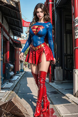 1girl, long black hair,supergirl,wearing Supergirl's blue tight uniform,perfect,red Boots higher than knees,Red miniskirt,Red long cape,full body,Bright colors,Bright red Boots, red miniskirt,Huge chest,Boots over the knee,Clothes are tied to skirts,Red miniskirt,Female model posen,Red over-the-knee pointed high-heeled boots,full body,running in the middle of the road,full body,tall girl,long boots,Red long cape,Boots longer than legs,Chinese supergirl,18years old,Don't show belly,Extremely long tip boots,red skirt,full body,supergirl's tight suit,Don't show knees,Knees wrapped in boots,strong girl,Pointy high-heeled boots,thin high heels,Uniforms and skirts are connectedUniforms and skirts are connected,Don't show your stomach,red skirt,full body,Extra long red boots,Golden Supergirl Belt,One-piece tight uniform
,Show the outline of the muscles,Red miniskirt and long cape,Boots must be over the knee,Integrated coats,Golden Supergirl Belt,Red miniskirt,Full of muscles,Tall and strong,Sexy,Full of muscle beauty,red dress,The skirt must be red.