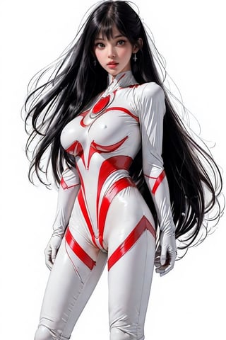 Ultrawoman, ultraman bodysuit, ultraman impact, messy hair,, white over knee bootsMedium close , standing, stand at attention, empty handed, (Full whitebackground:1.3), ,Ultrawoman,Ultraman bodysuit,Ultraman impact,Ultragirl Miya,long black hair,full body