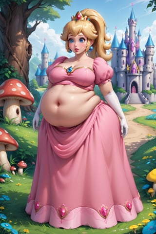 Highest quality, gorgeous voluptuous princess peach, ponytail, buffed, sexy look, plump, bloated belly, obese, (luscious lips), princess dress, mushroom Kingdom castle 