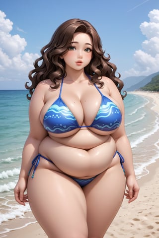 Highest quality, anime style, gorgeous plump anthropomorphic velociraptor woman, sexy look, voluptuous, plump, bloated belly, tall, long wavy brown hair, bikini, beach, luscious lips