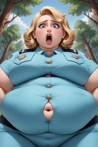 Highest quality, gorgeous voluptuous blonde woman, morbidly obese, plump,  large chest, big bloated belly, (luscious lips), forest ranger uniform, button pop, Yellowstone park, worried sick, lost in the woods, screaming for help, low-angle shot