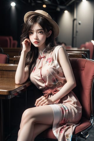 (panoramic), (cowboy shot),1girl, solo, looking at viewer, brunette, dress, sitting, indoors, white dress, lips, chair, chinese clothes, table, crossed legs, pink dress, theater lights