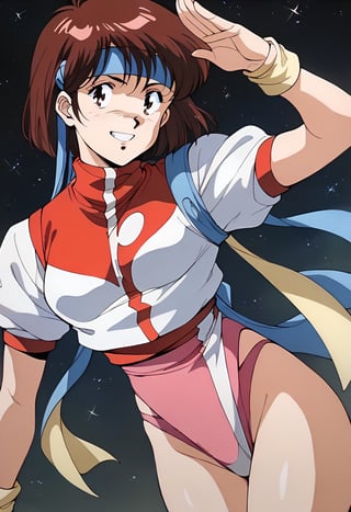 score_9, score_8_up, score_7_up, ,1980s (style), Kubooka toshiyuki(style),(aim for the top!),EPguTakayaNoriko, brown hair, brown eyes, short hair,(leotard, headband, pink leotard, blue headband:1.3), (pretty anime face:1.3)
,WATERCOLOR \(MEDIUM\),EPguTakayaNoriko, brown hair, brown eyes, short hair, leotard, headband, pink leotard, blue headband,Smile_ salute,
in space