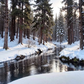 landscape with snowy forest and frozen river