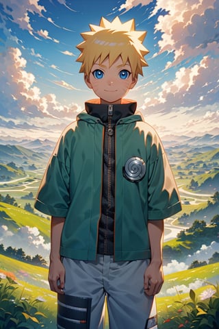 Generate an 8K AI image showcasing a young Naruto Uzumaki standing in a picturesque landscape, with a serene and peaceful atmosphere. The camera is positioned at a long distance, capturing Naruto's smiling face as he gazes out at the beauty around him. Surrounding Naruto is a tranquil scene of rolling hills, vibrant meadows, and clear blue skies dotted with fluffy clouds. The sunlight gently bathes the landscape, casting warm hues across the scene and creating a sense of calm and contentment. Ensure Naruto's expression reflects his youthful exuberance and joy, perfectly complementing the beauty of the peaceful background."






