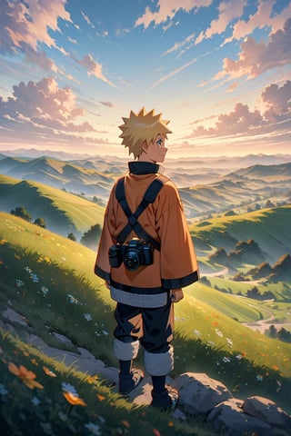 Generate an 8K AI image showcasing a young Naruto Uzumaki standing in a picturesque landscape, with a serene and peaceful atmosphere. The camera is positioned at a long distance, capturing Naruto's smiling face as he gazes out at the beauty around him. Surrounding Naruto is a tranquil scene of rolling hills, vibrant meadows, and clear blue skies dotted with fluffy clouds. The sunlight gently bathes the landscape, casting warm hues across the scene and creating a sense of calm and contentment. Ensure Naruto's expression reflects his youthful exuberance and joy, perfectly complementing the beauty of the peaceful background."






