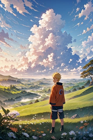 Generate an 8K AI image showcasing a young Naruto Uzumaki standing in a picturesque landscape, with a serene and peaceful atmosphere. The camera is positioned at a long distance, capturing Naruto's smiling face as he gazes out at the beauty around him. Surrounding Naruto is a tranquil scene of rolling hills, vibrant meadows, and clear blue skies dotted with fluffy clouds. The sunlight gently bathes the landscape, casting warm hues across the scene and creating a sense of calm and contentment. Ensure Naruto's expression reflects his youthful exuberance and joy, perfectly complementing the beauty of the peaceful background."






