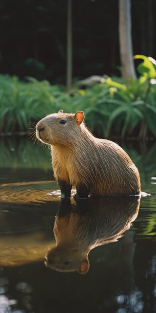 (Documentary photograph:1.3) of a capibara, standing in the shallow waters of a swamp, outdoors, ultra realistic, games of shadows, vintage aesthetics, (photorealistic:1.3), front view, well-lit, (shot on Hasselblad 500CM:1.4), (closeup shot1.3), Fujicolor Pro film, in the style of Helmut Newton, (photorealistic:1.3), highest quality, detailed and intricate, original shot,