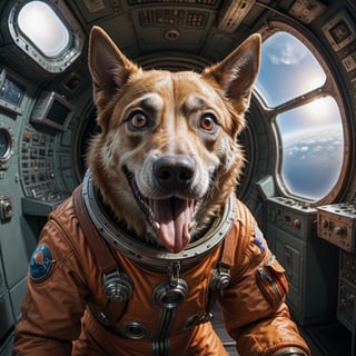 fisheye lens, portrait view, laika dog in orange cosmonaut suit, tongue hanging out of the snout, dog inside old soyus spaceship, masterpiece, 32k