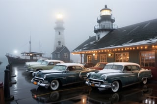 45 degrees view of old cars in front of an old restaurant at the coast, cars with lights on, foggy, background harbor big old ships, far away a lighthouse, night, dark, 