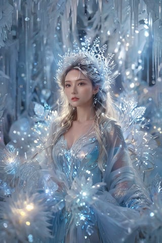 A majestic Ice Goddess stands amidst a winter wonderland, her radiant eyes shining like stars against the snowy backdrop. Messy hair blows softly as she gazes upward, surrounded by iridescent snowflakes and crystal beads. Her realistic face, adorned with intricate metallic details and glowing LED lights, is bathed in a mesmerizing glow. The 8K cinematic environment showcases her hyper-realistic form, with photorealistic textures and minimal wear. The vibrant multicolor palette, reminiscent of Niji's expressive style, brings to life her elegant and fascinated pose, as if frozen in time.