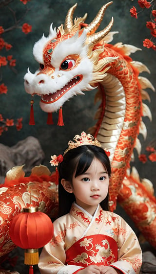 A 2-year-old girl, Chinese New Year wallpaper dragon and little girl, Chinese dragon,surrealist style portrait, cute and dreamy, Hanfu,exquisite dragon pattern, ancient Chinese style, soft and dreamy atmosphere, traditional Chinese clothing, high angle view, soft light, 16K Resolution, Children Photography