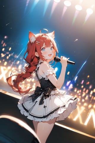 //quality, (masterpiece:1.3), (detailed), ((,best quality,)),//,cute,1girl,//,brown cat ears,animal ear fluff,(light_brown hair:1.3),(red hair: 1.1),(red inner hair: 1.4), (straight bangs: 1.4),(,long_hair,single braid :1.4),(Ahoge),(detailed eyes,blue_eyes:1.4),medium chest,,//, (yellow hairpin,crescent-shaped hairpin:1.4),off_shoulders,large red ribbon,(idol costume:1.4),thigh strap,frilled skirt,gloves,//,blush,smiling,upper_teeth,looking_down,//,hand_up,(holding microphone:1.3),(standing on stage),//,indoors,crowd of audience,Glow stick,scenery,colorful light particles,(colorful lights:1.3),(laser light:1.4),glow_in_the_dark,cowboy_shot,dynamic angle