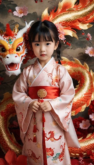 A 2-year-old girl, Chinese New Year wallpaper dragon and little girl, Chinese dragon,surrealist style portrait, cute and dreamy, Hanfu,exquisite dragon pattern, ancient Chinese style, soft and dreamy atmosphere, traditional Chinese clothing, high angle view, soft light, 16K Resolution, Children Photography