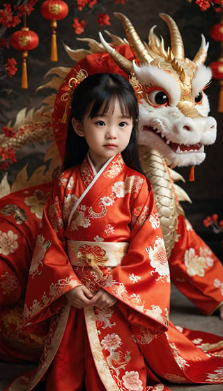 A 2-year-old girl, Chinese New Year wallpaper dragon and little girl, Chinese dragon,surrealist style portrait, cute and dreamy, Hanfu,exquisite dragon pattern, ancient Chinese style, soft and dreamy atmosphere, traditional Chinese clothing, high angle view, soft light, 16K Resolution, Children Photography