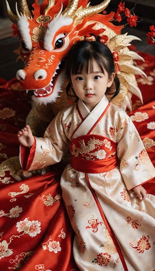 A 2-year-old girl, Chinese New Year wallpaper dragon and little girl, Chinese dragon,surrealist style portrait, cute and dreamy, Hanfu,exquisite dragon pattern, ancient Chinese style, soft and dreamy atmosphere, traditional Chinese clothing, high angle view, soft light, 16K Resolution, Children Photography